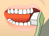 Illustration of a person brushing teeth with a green toothbrush, showing open mouth and white teeth.