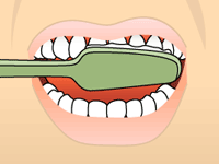Green toothbrush cleaning teeth in an open mouth illustration