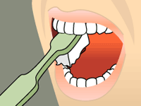 Green toothbrush brushing teeth inside an open mouth with white teeth