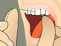 Dental floss cleaning between front teeth, held by fingers in an open mouth.