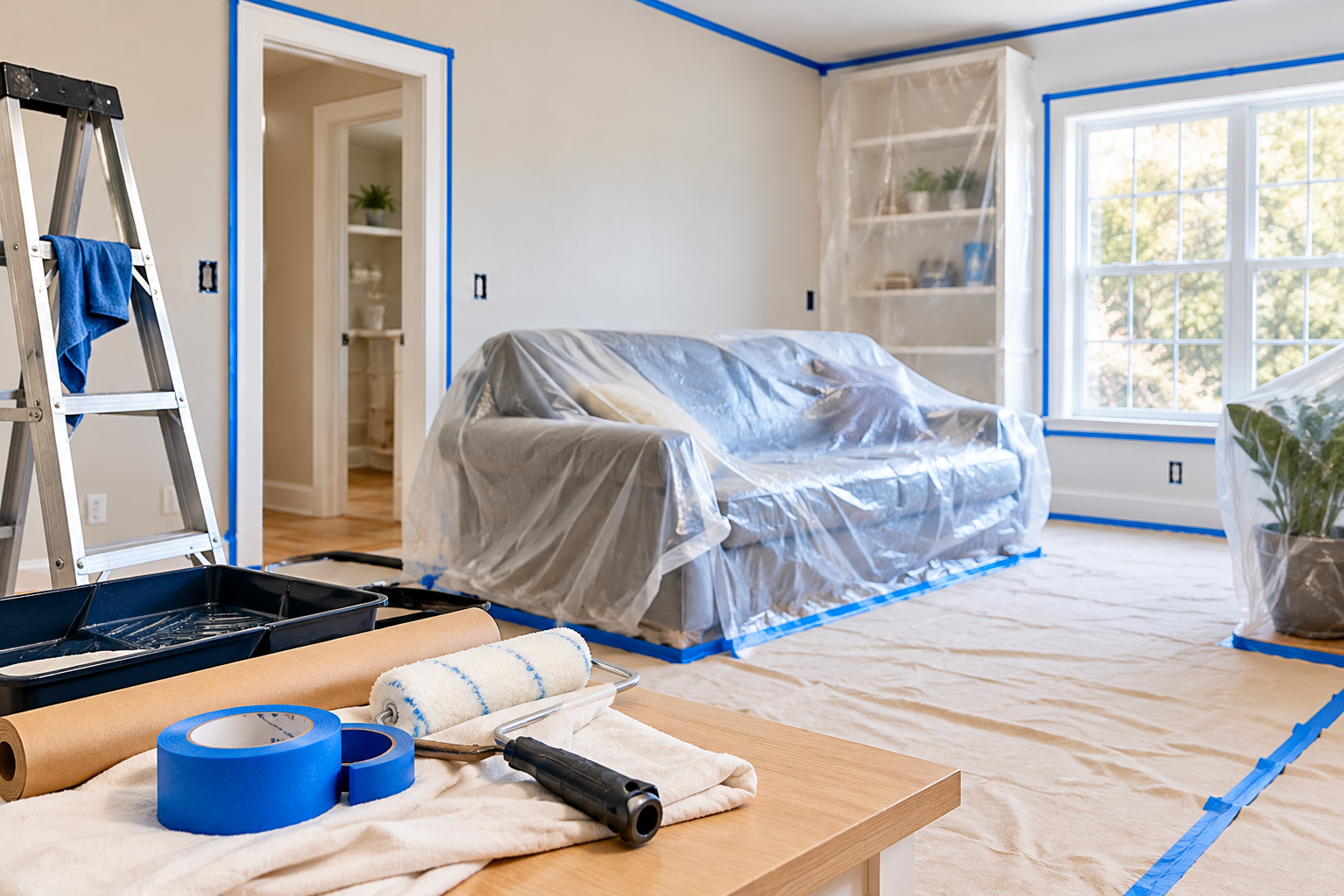 Living room in progress with furniture covered, blue painter’s tape, and painting supplies on a table