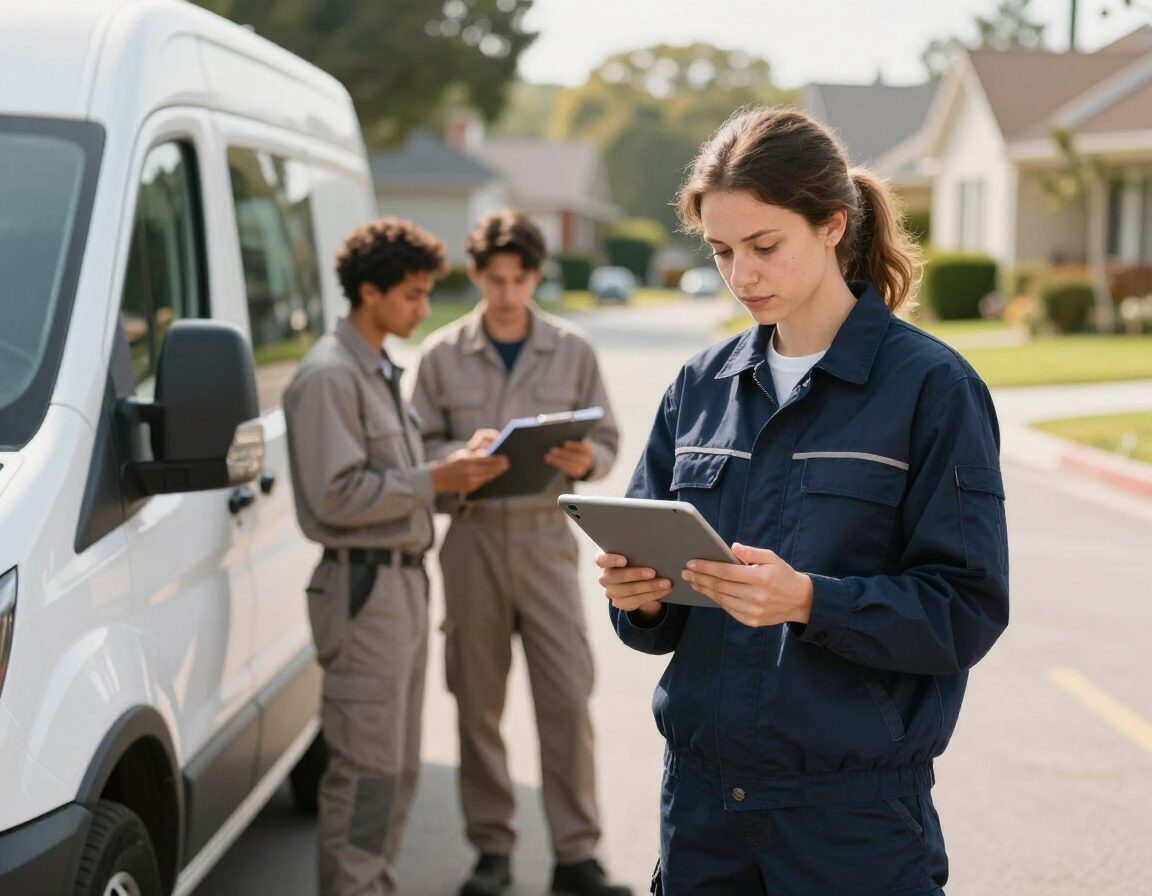 A crew lead checks the day's jobs on a tablet beside a service van