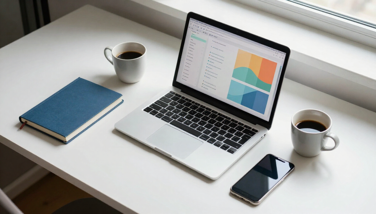 A tidy desk with a laptop showing a dashboard