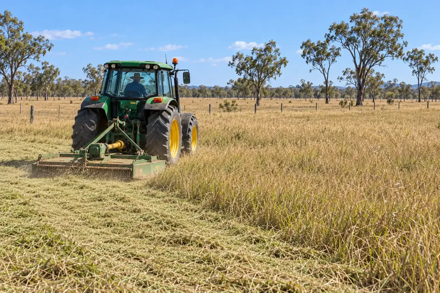 Rear view of a green tractor and slasher combo working on a rural property in the Townsville region.