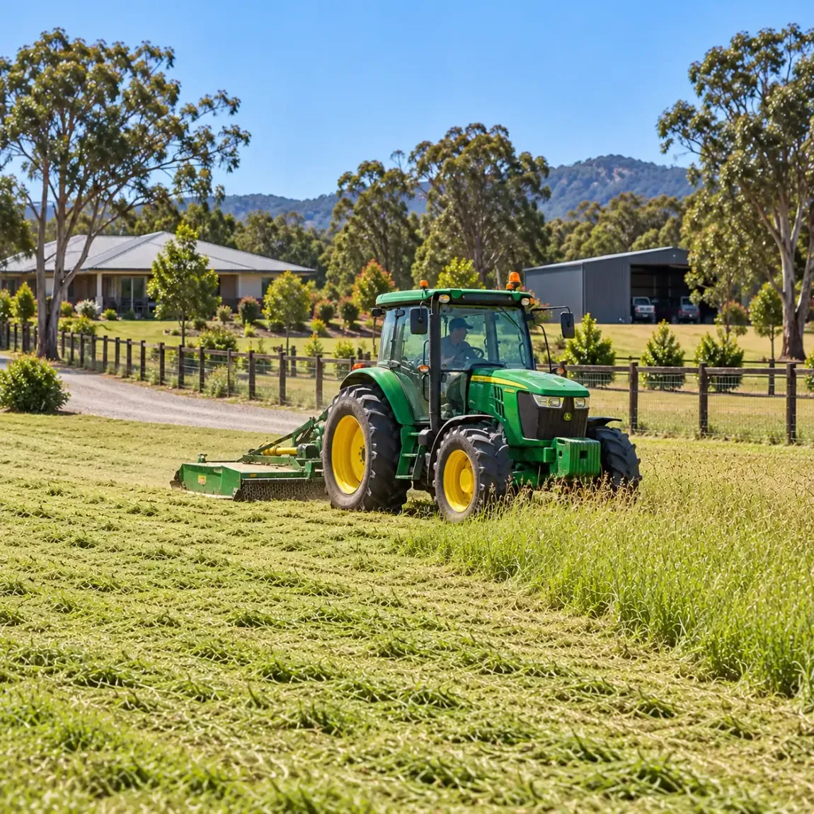 Front-on view of green and yellow tractor with slashing in progress on a semi rural property near Townsville.