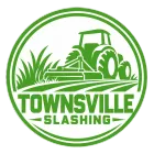 Green circular logo with a tractor mowing grass and the words “TOWNSVILLE SLASHING”
