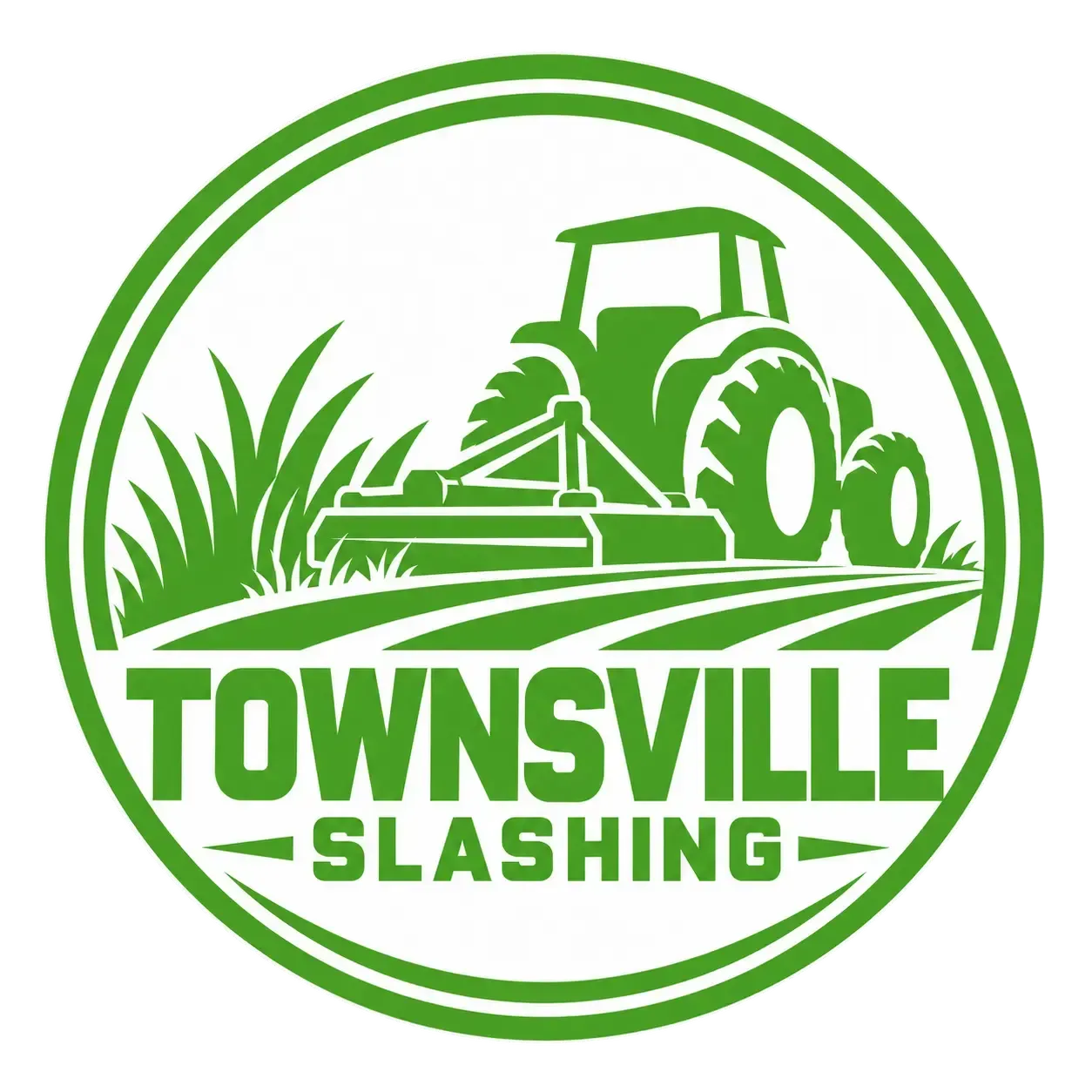 Green circular logo with a tractor mowing grass and the words “TOWNSVILLE SLASHING”