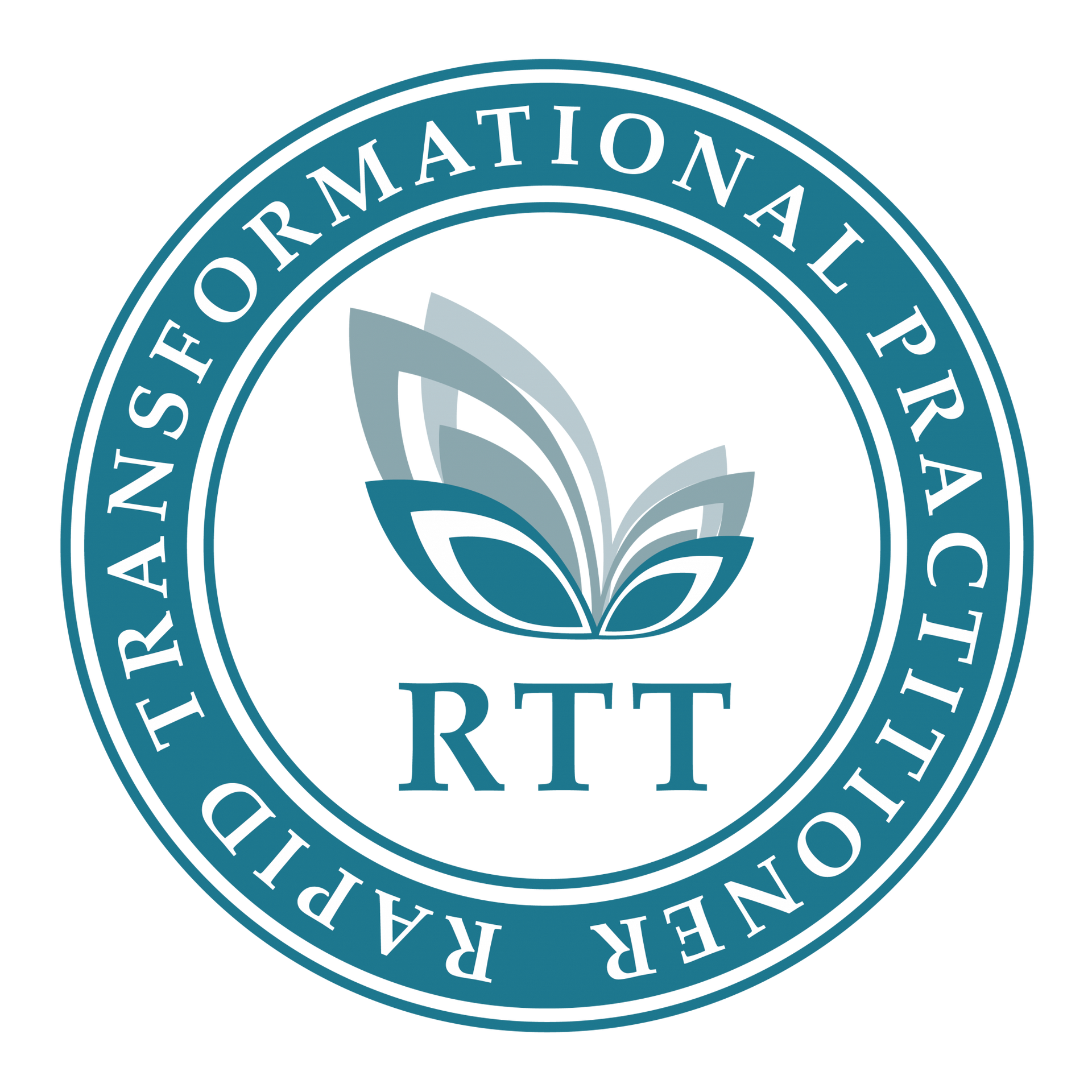 RTT logo in teal and gray, with an open book and the words “Rapid Transformational Practitioner” around the circle