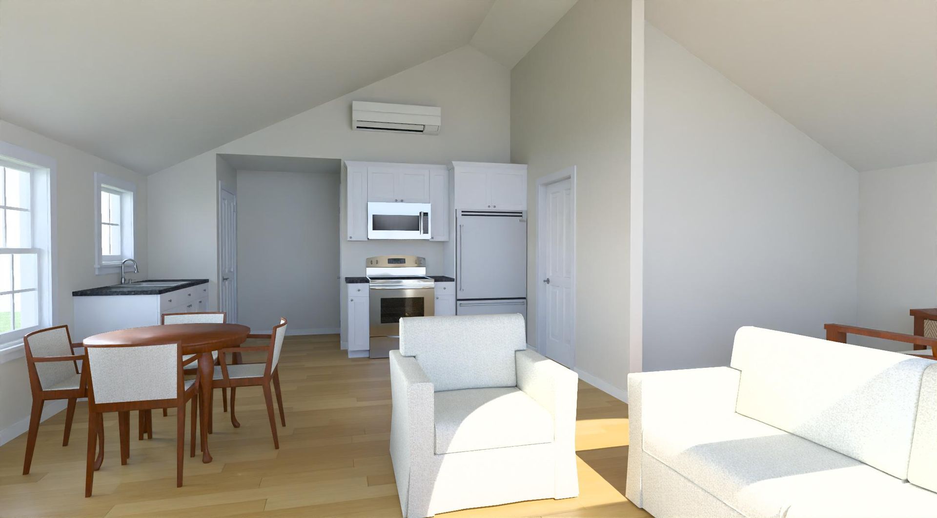 Bright modern open-plan living room and kitchen with white furniture and wood floors, lit by sunlight.