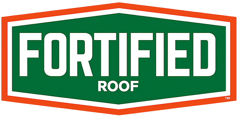 Fortified Roof logo in green and white with orange border