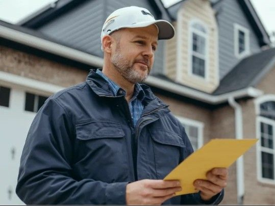 Man in blue jacket and cap holding yellow envelope in front of a house.