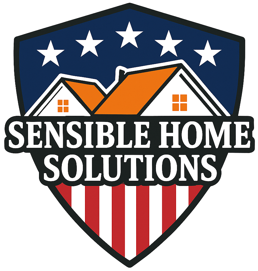 Sensible Home Solutions shield logo with house roofs, stars, and red-and-white stripes