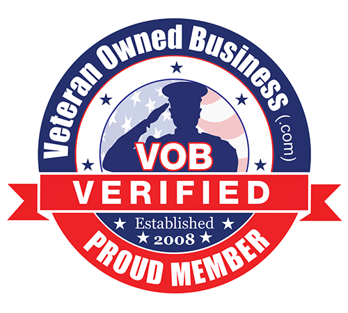 Veteran Owned Business logo. Blue, red, and white. Soldier silhouette saluting,