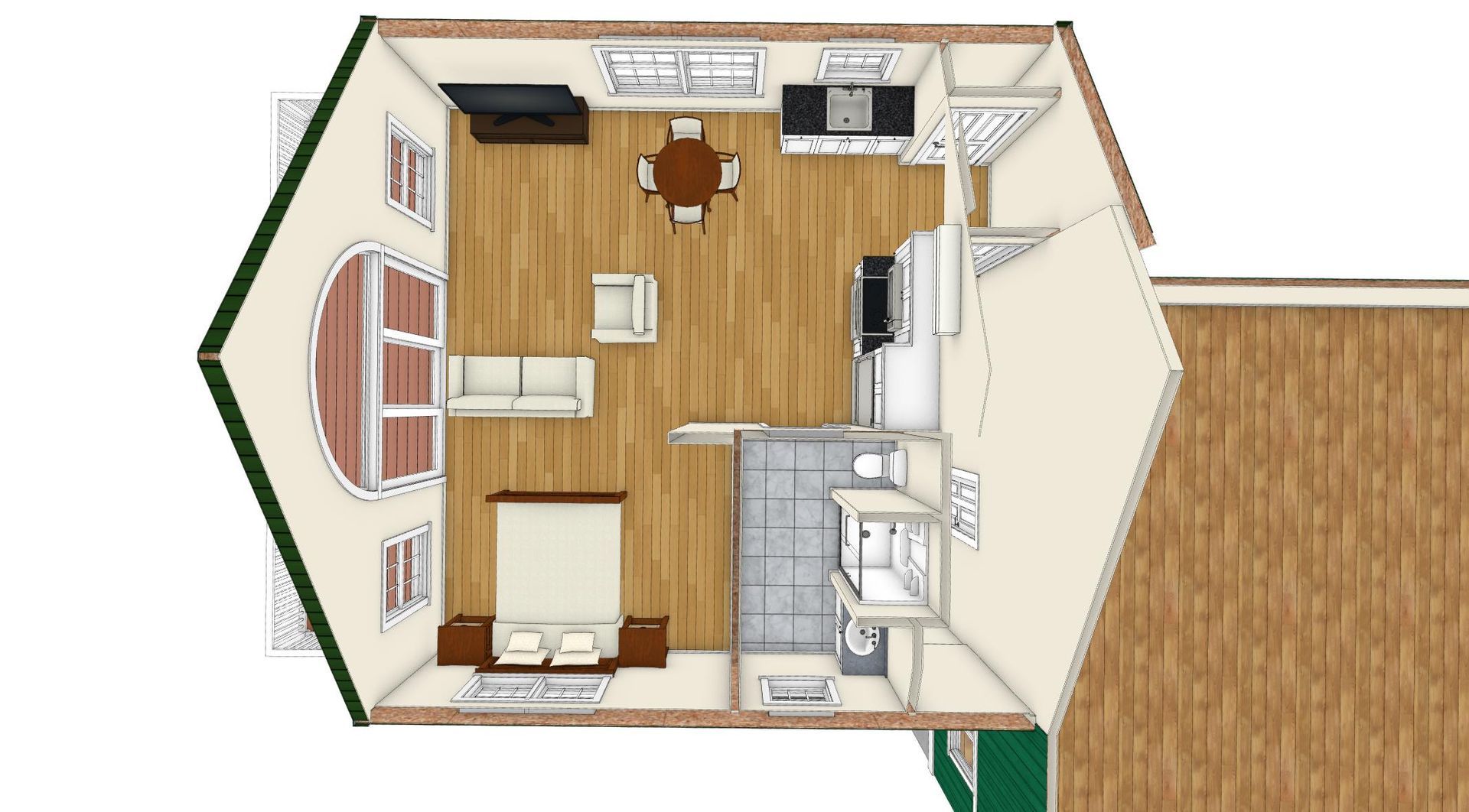 Floor plan of a home with bedroom, kitchen, living area, and bathroom in a unique shape.