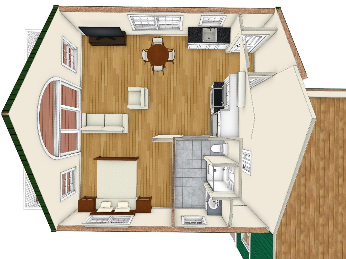 Top-down view of a small house interior with a living area, kitchen, bedroom, and bathroom.