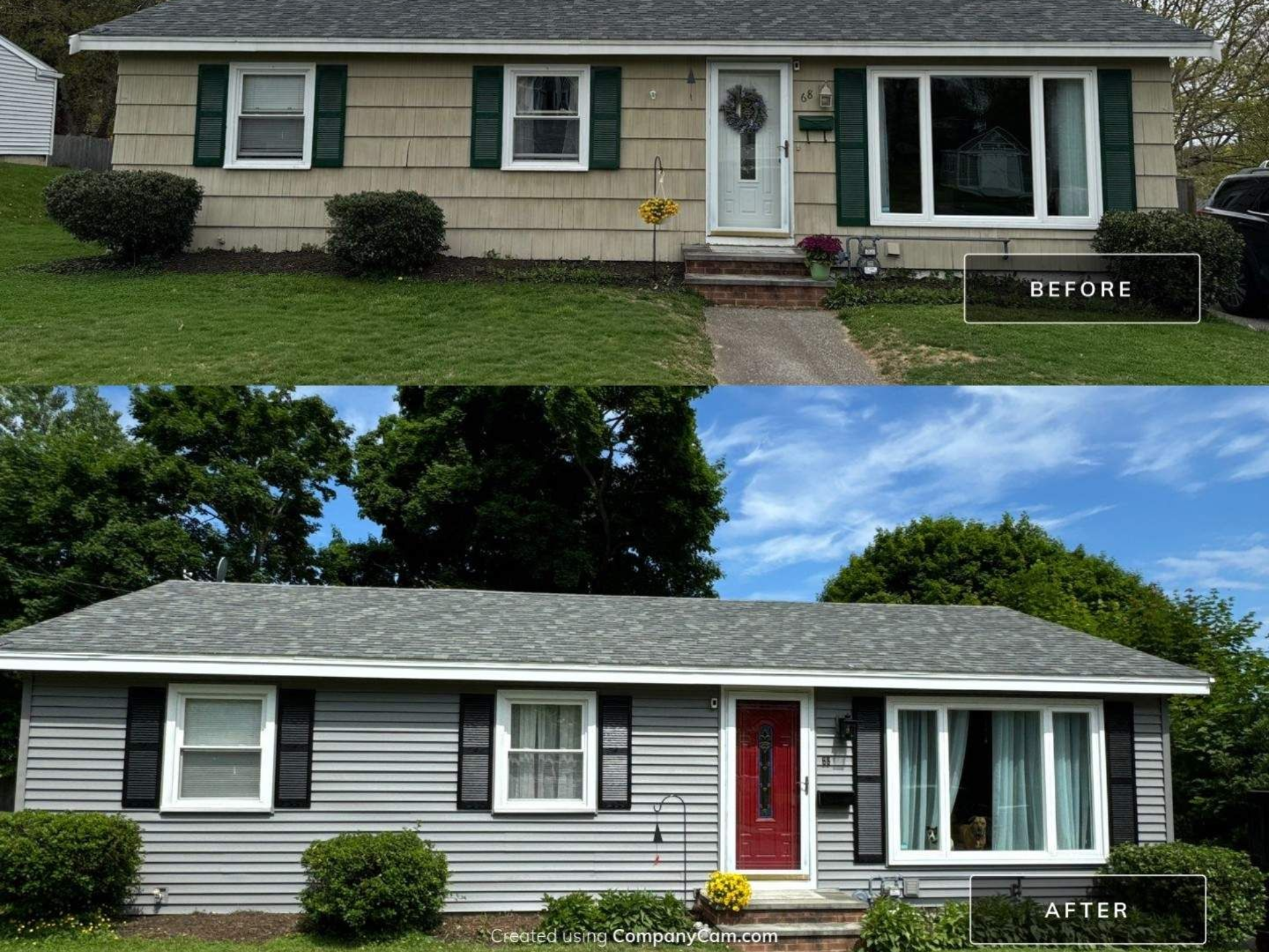 Before and after comparison of a house exterior. Gray siding, white window frames, and red front door.