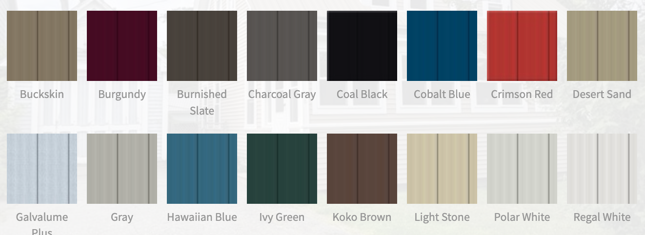 Color swatch chart with multiple rectangular fabric or paint samples in neutral, blue, red, and beige tones.