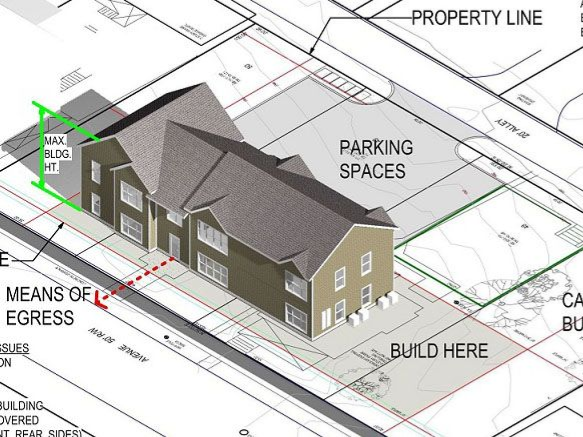3D site plan of a brown building with parking spaces, build here line, and means of egress markings