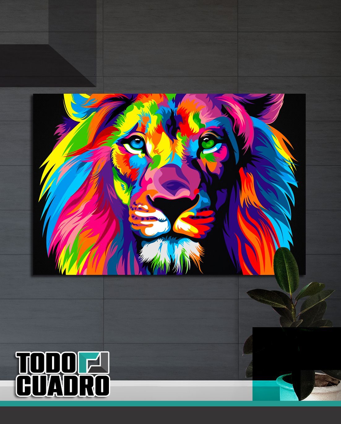 Un cuadro colorido de un perro está colgado en una pared.