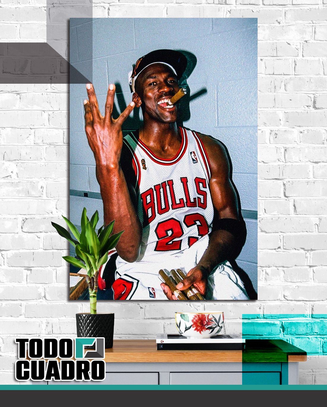 Un cartel de Michael Jordan está colgado en una pared de ladrillos.