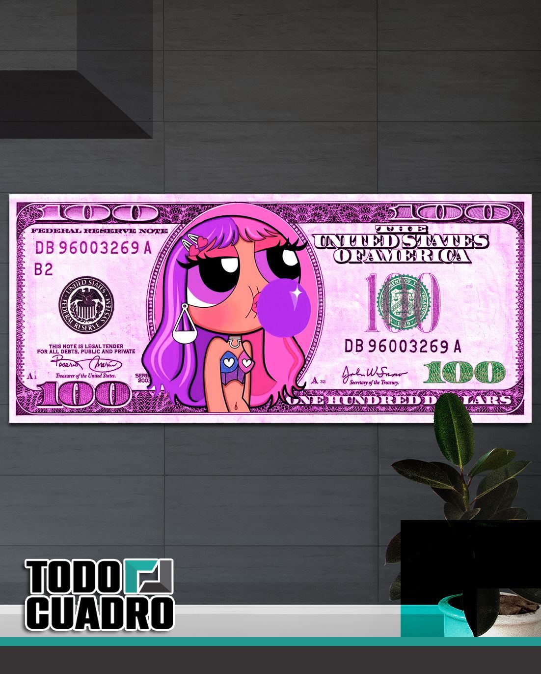 Una niña de dibujos animados con cabello morado aparece en un billete de 100 dólares.