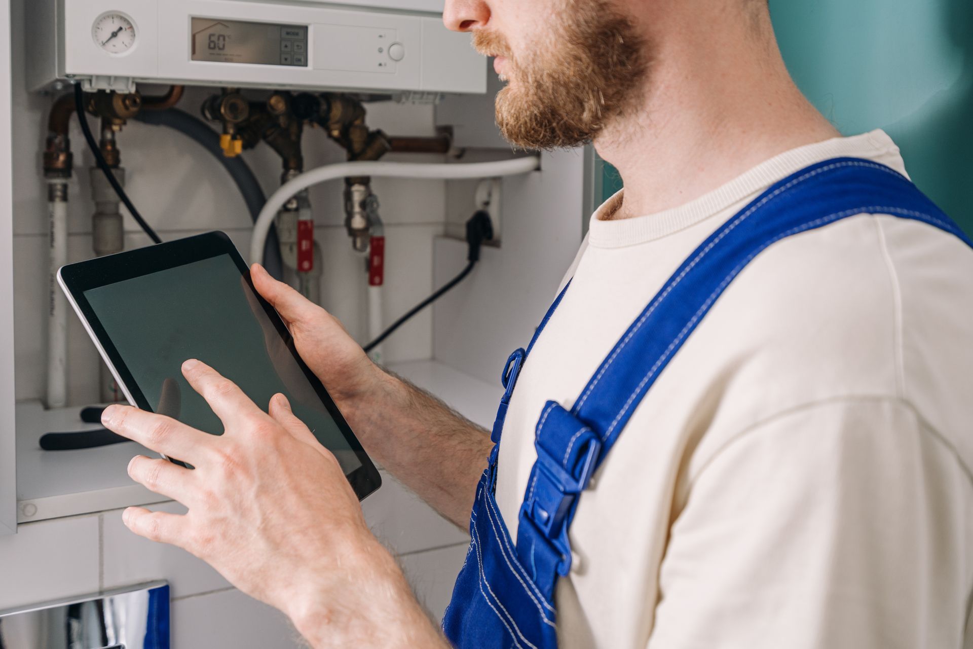 Plumber in blue overalls uses a tablet to inspect a furnace with white paneling and piping. Plumber in blue overalls uses a tablet to inspect a furnace with white paneling and piping.