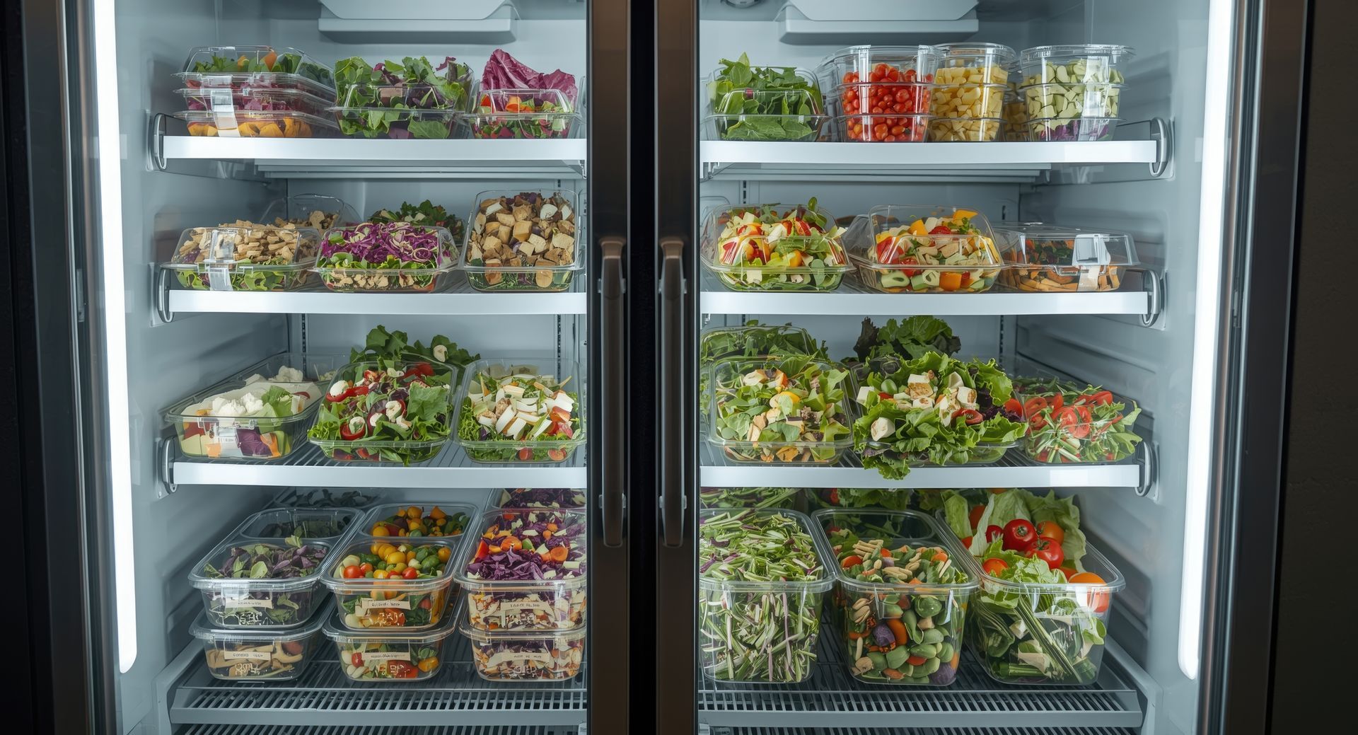 Refrigerated grocery shelves stocked with colorful dairy and packaged foods.