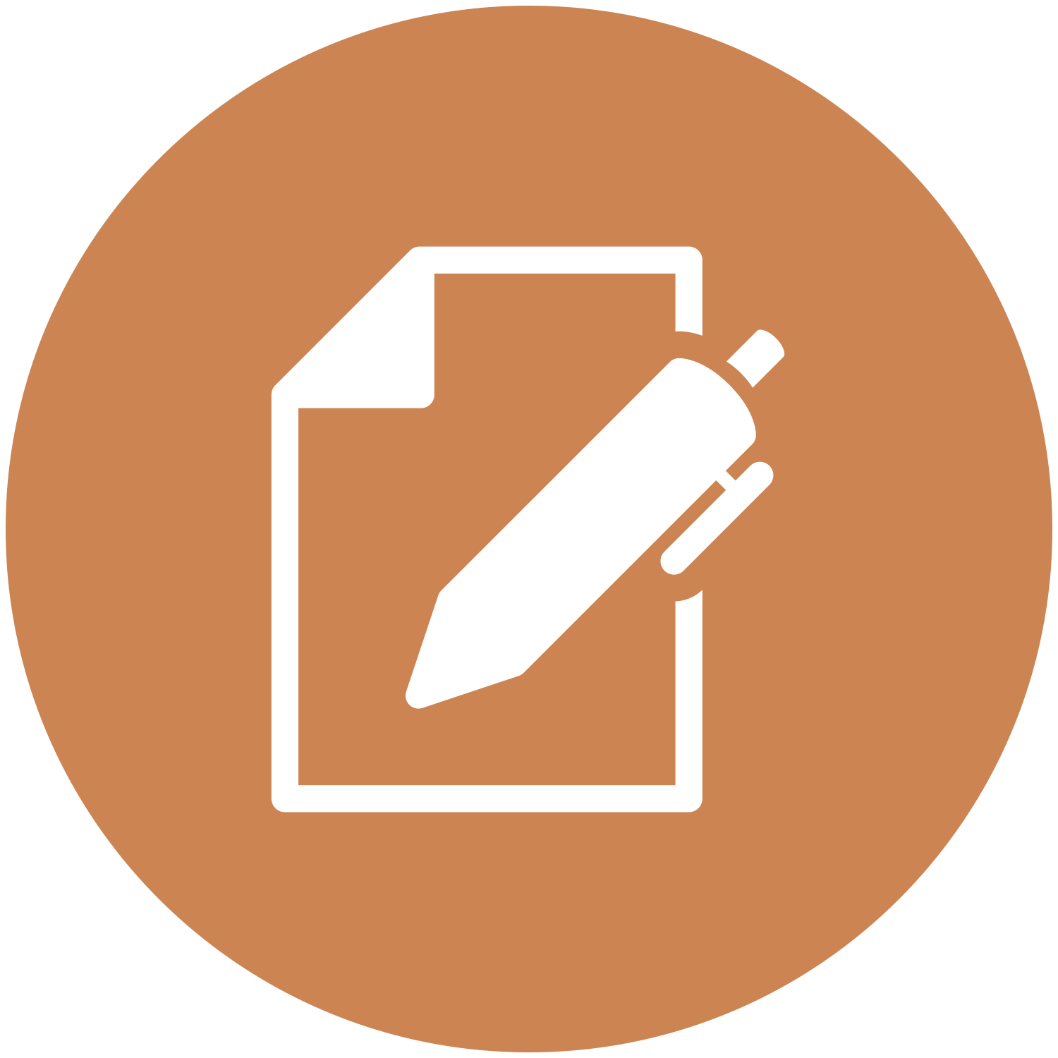 White pen writing on a white document inside an orange circle.