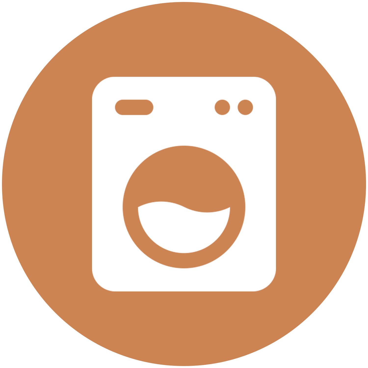 Washing machine icon in white on a brown circle.