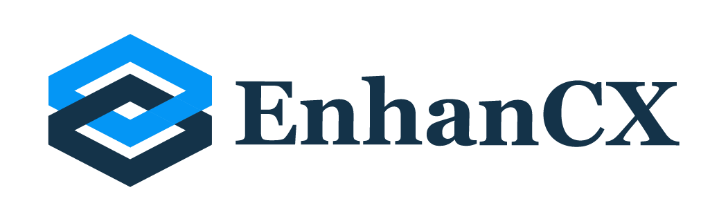 The logo for enhancex is a blue hexagon with a white arrow.