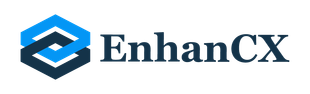 The logo for enhancex is a blue hexagon with a white arrow.