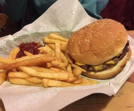 A hamburger and french fries are on a plate on a table.