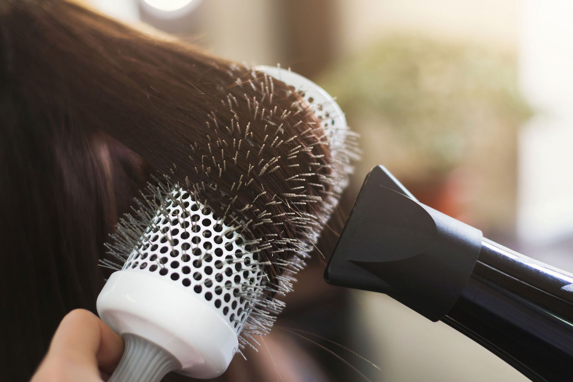 A woman is getting her hair blow dried with a round brush.