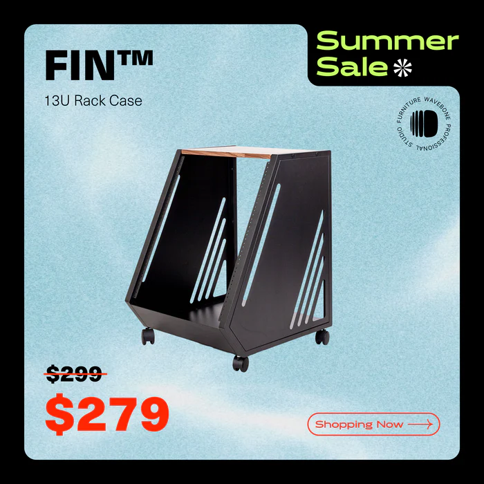 Black 13U rack case with angled sides, wooden top, on wheels, and Summer Sale promotion.