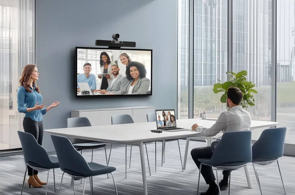 A conference room with a video call on screen. People seated at a table, one woman presenting.