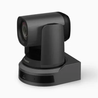 Dark gray PTZ camera with a lens, mounted on a base, ready for video recording.