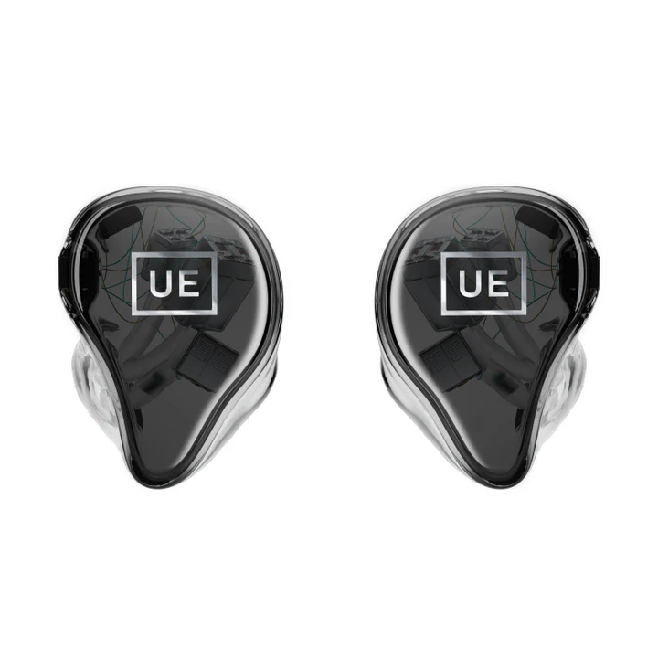 Two transparent black UE in-ear monitors with a silver UE logo, against a white background.