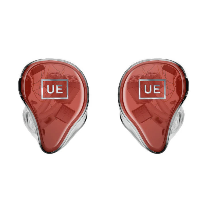 Two red custom in-ear monitors with silver