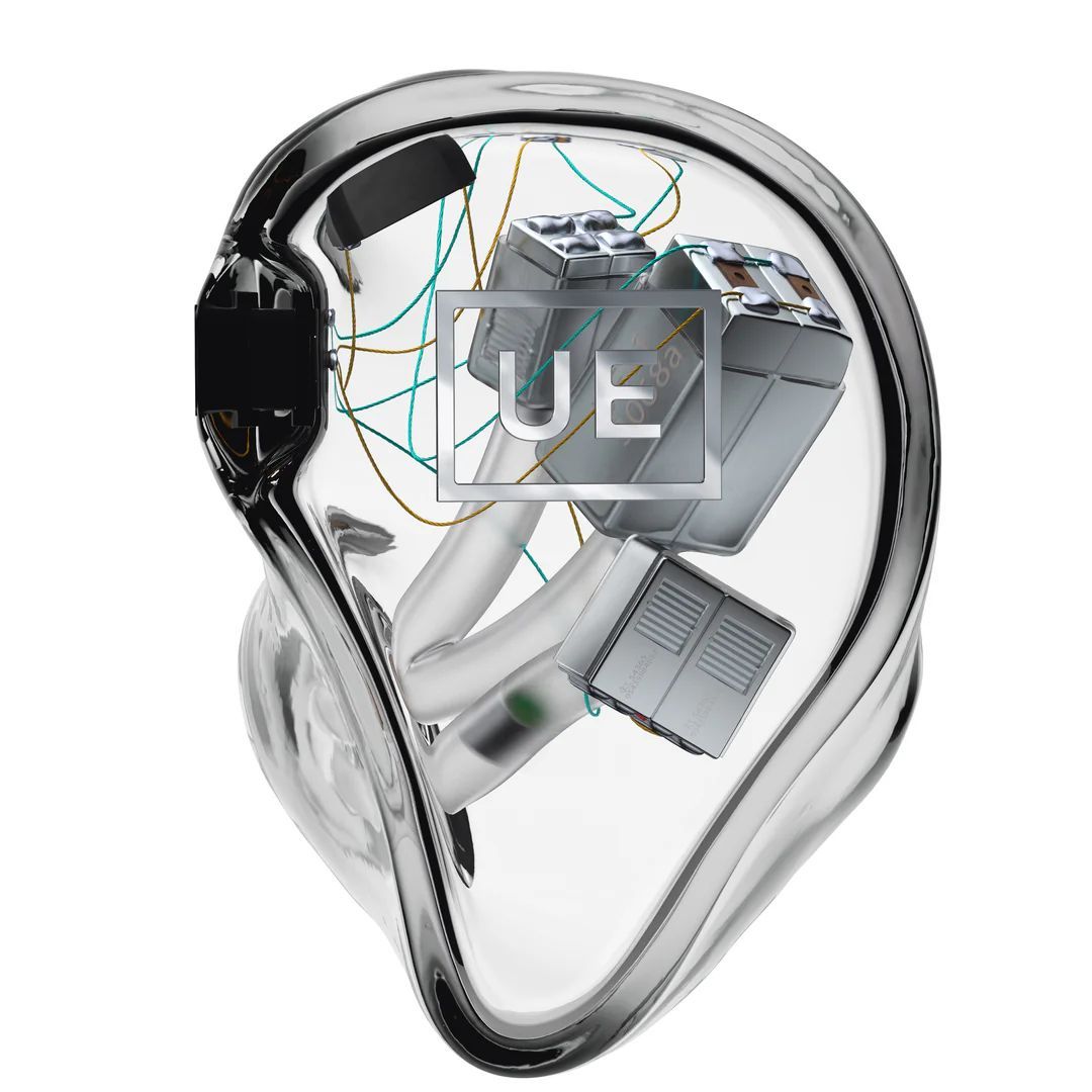 Clear, custom in-ear monitor showing internal components,