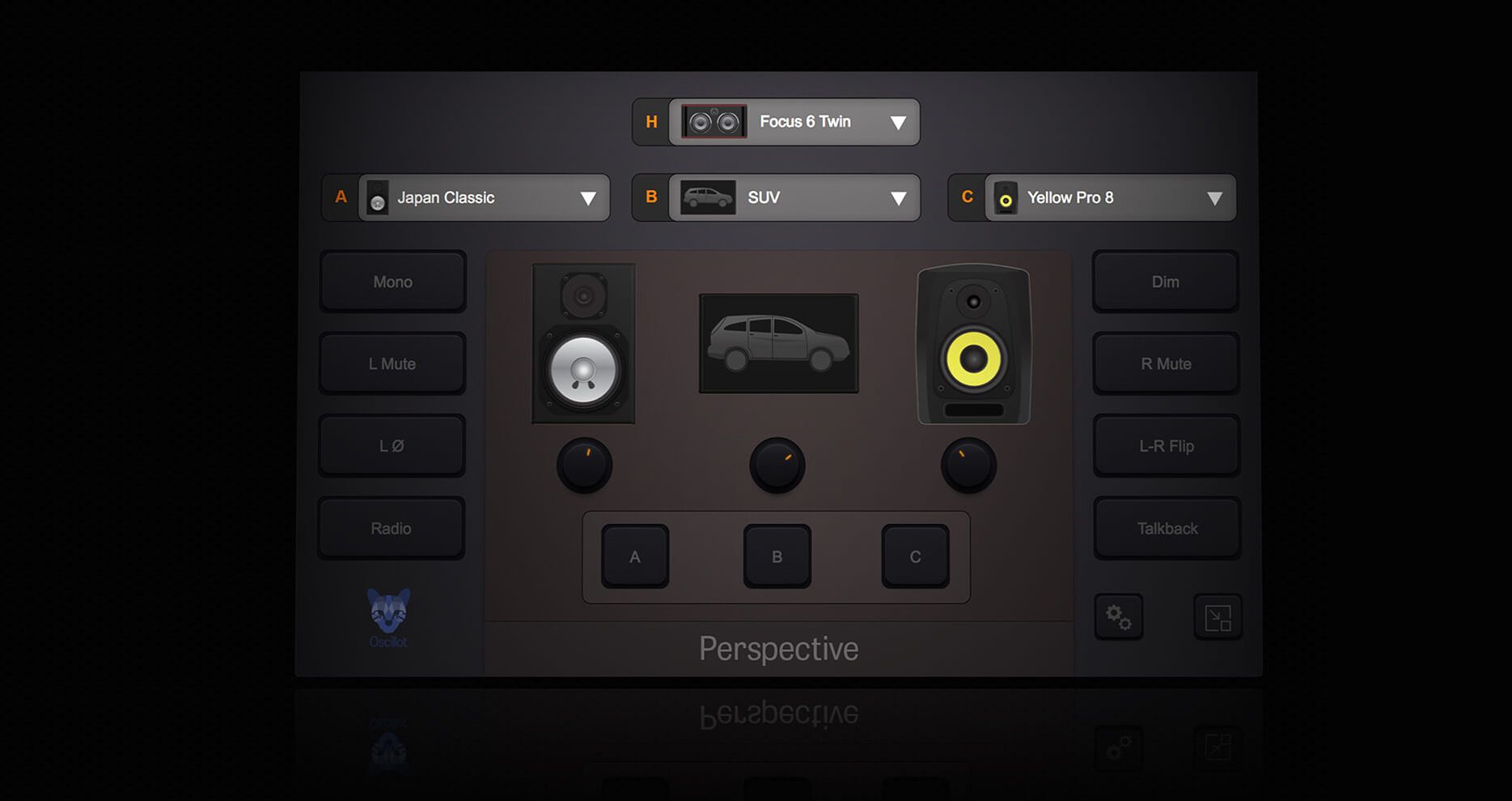 Dark-themed control panel with buttons, dials, and a car icon in the center.