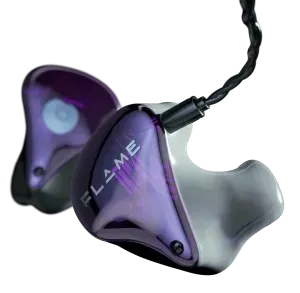 Viking Studio Chair Pair of purple and white Flame in-ear monitors with a black, braided cable, on a white background.