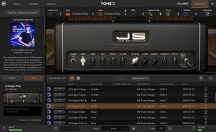 Software Screenshot of a ToneX amp simulator interface, featuring a J8 amplifier model and preset list.