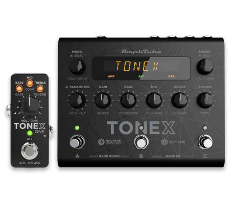 Two black guitar effects pedals: a small overdrive and a multi-effects unit, side by side.
