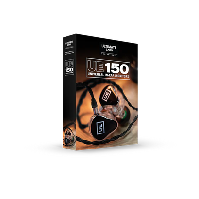 Box of Ultimate Ears UE 150 in-ear monitors. Black box with product photo.