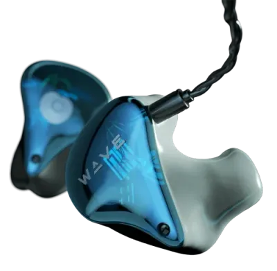 FIN 13U Rack Case Blue and white in-ear monitors with a twisted black cable. The earbuds are labeled