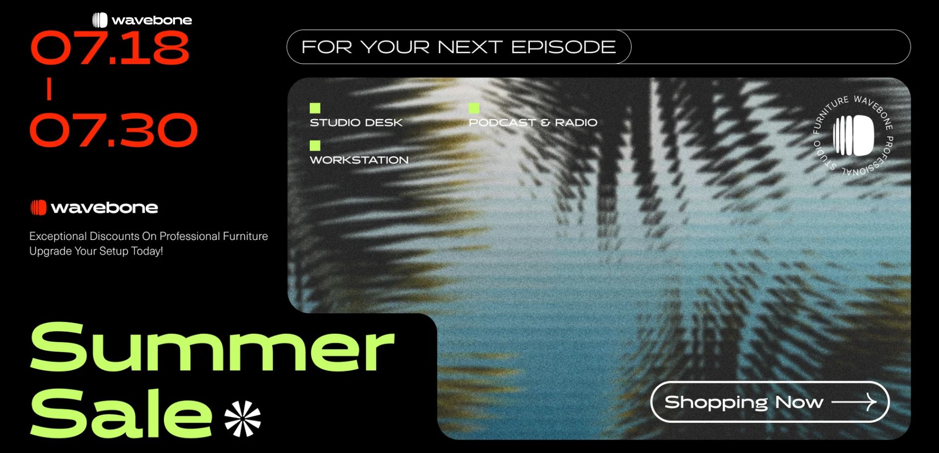 Summer sale graphic. Features dates 07.18-07.30, a beach scene, and a