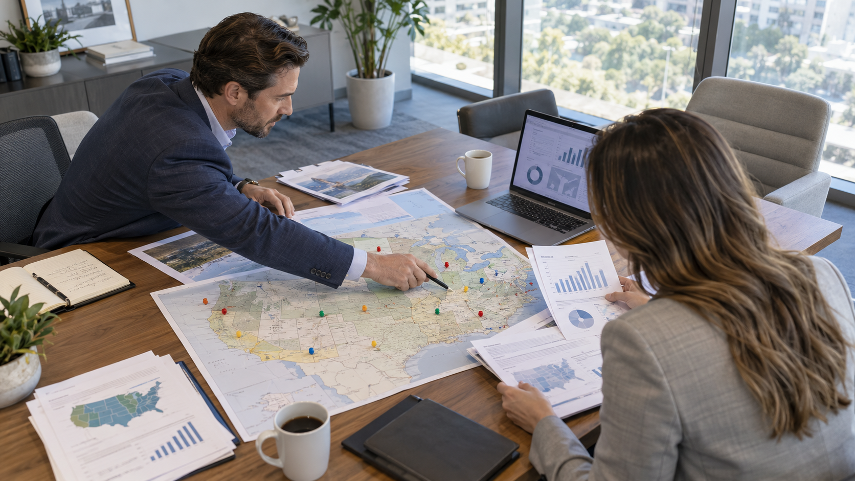 Two people review printed maps and charts at a conference table in a bright office.