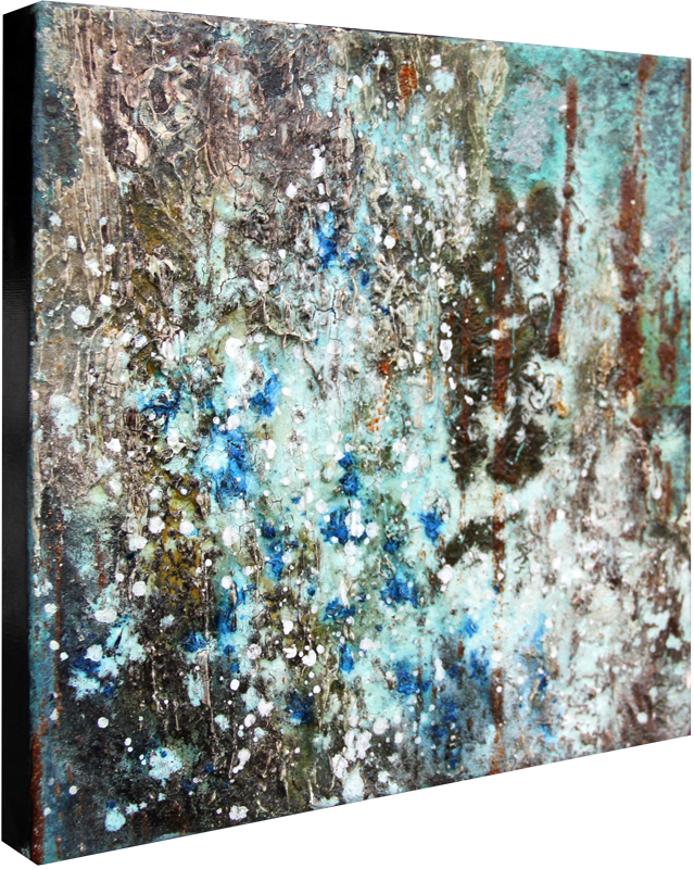 Gemälde „Winter“ Maße: 30 x 30 cm, 4 cm Tiefe  Material: Künstler-Acrylfarben, Kupfer-, Bronze-Grundierung, Echtrost, Eisen-Grundierung, grüne sowie blaue Patina, Pigmente, Firnis  Malgrund: Leinwand auf Keilrahmen