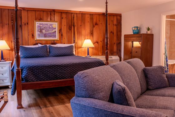 Cozy bedroom with a blue bedspread, wood-paneled walls, bedside lamps, and a gray sofa in the foreground