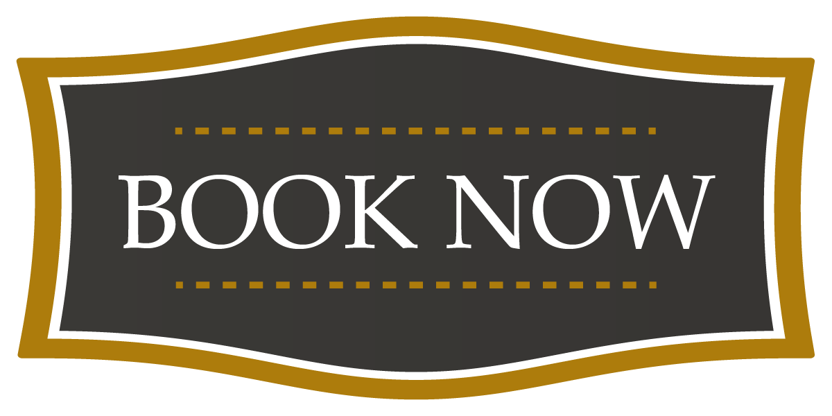 Gold and brown “BOOK NOW” button with white text and dotted accents
